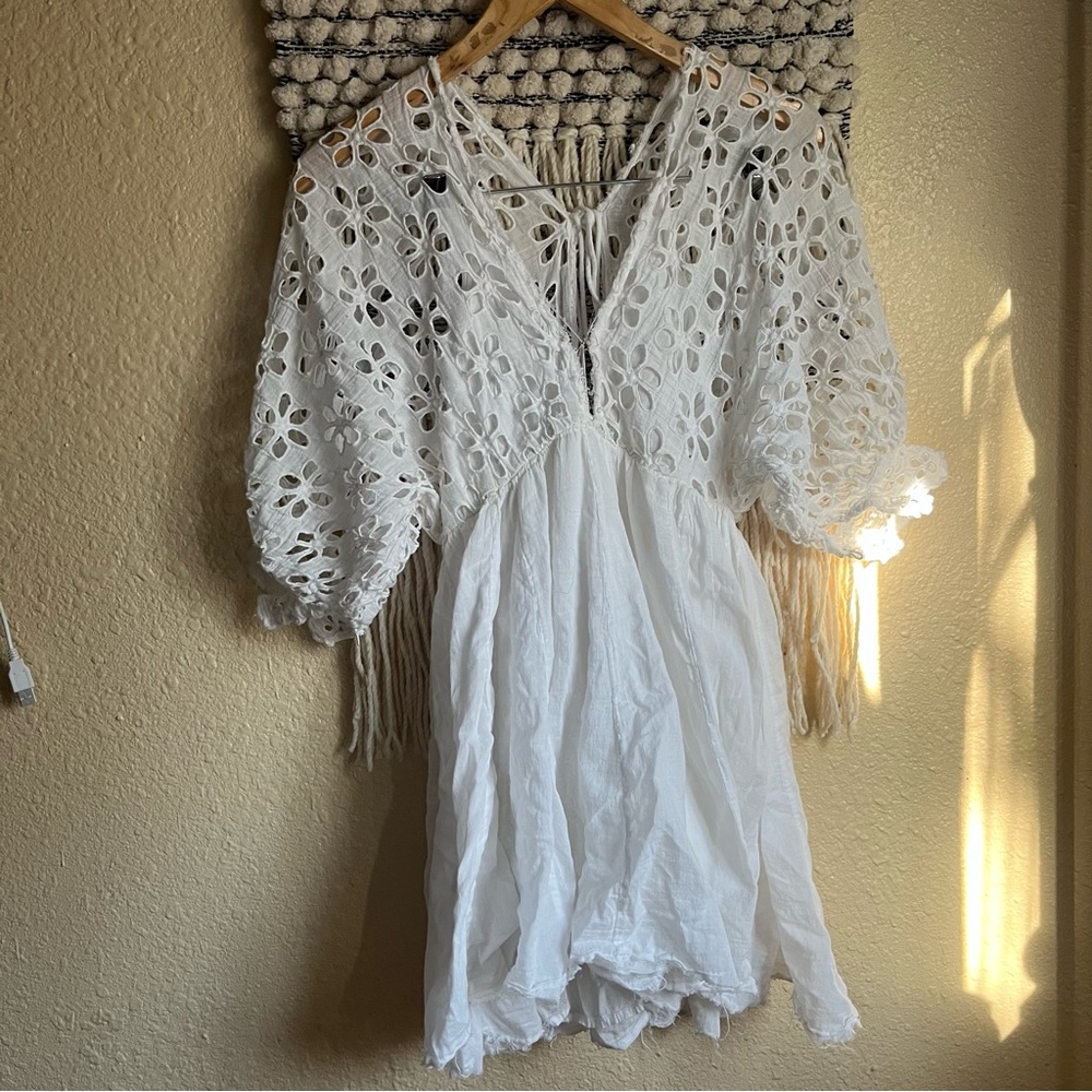 Free People White Eyelet Lace Boho Mini Dress with Puff Sleeves